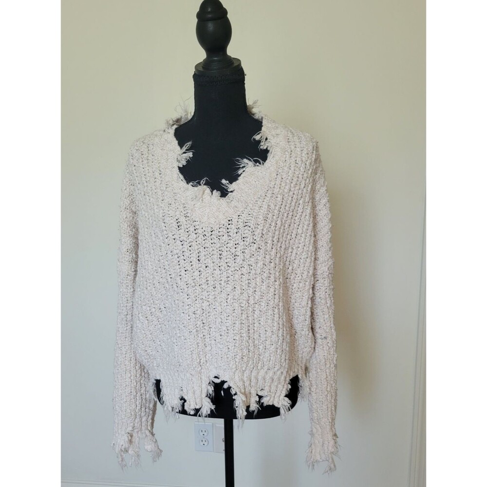 Anna Grace Frayed Scoop-Neck Chunky Knit Sweater Streetwear 90s Cream Size M